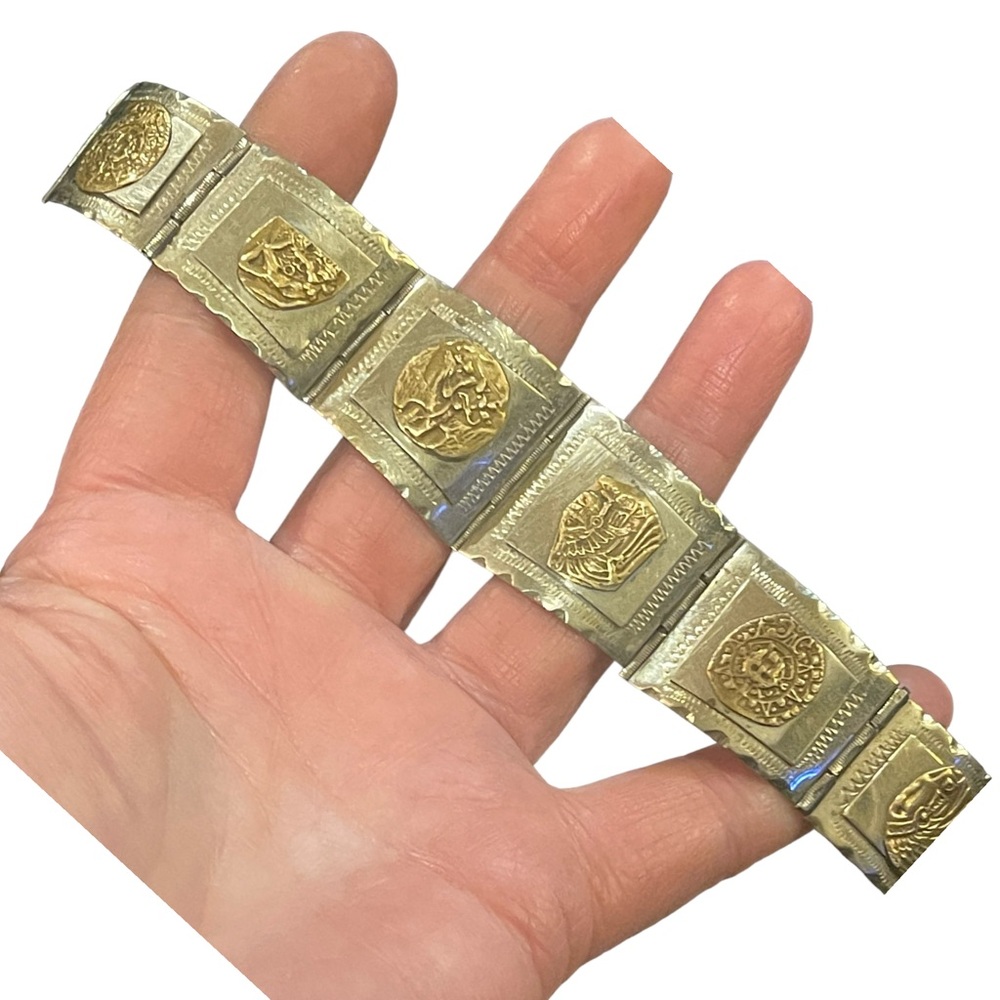 Vintage Silver & gold Two Tone Aztec Mayan Bracelet Mexico symbols  calendar